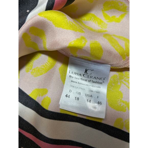 Luisa Cerano 100% Silk Blouse Yellow Pink Stripe Black Lip Design Sz 14 Mob Wife - Picture 4 of 11